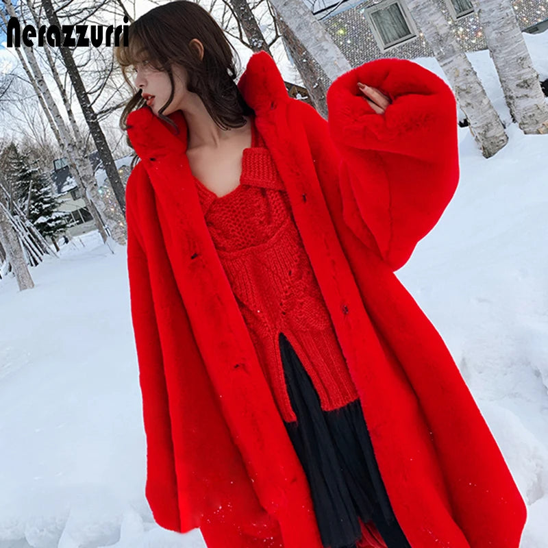 Nerazzurri Oversized Red Thick Warm Soft Fluffy Faux Fur Coat Women 2022 Raglan Seeve Stylish Thick Long Fur Coats for Winter LUXLIFE BRANDS