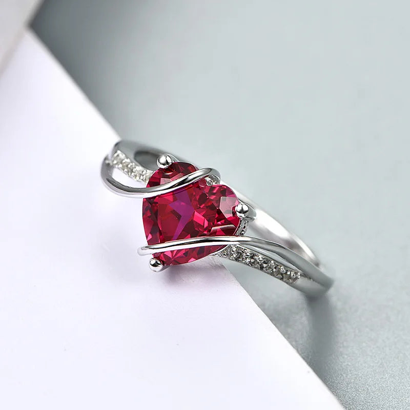 ATTAGEMS Heart Shape Ruby 925 Sterling Silver Ring 2.5 Carats Women Love Ring for Party Wedding and Engagement Romantic Gift