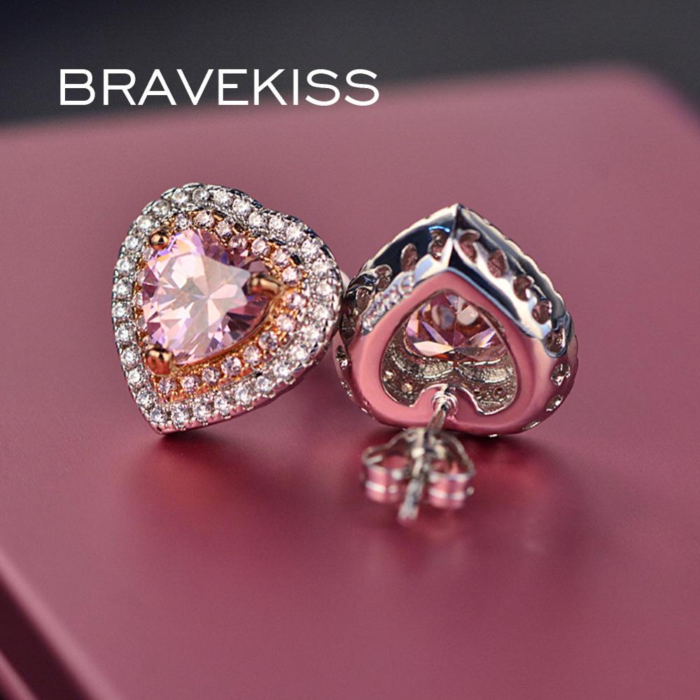 Bravekisse Pink Sweet Stud Earring heart For Female fashion Jewelry Cute Barbie CZ zircon Lovely accessories for girl BUE0601