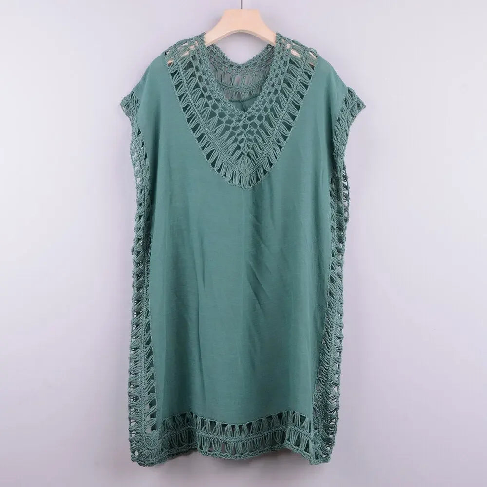 Embroidery Coverups For Women Tunic Beach Cover Up Dress Solid Blouse Beachwear Lace Fishnet Bikini Wrap 2021 Black Cover-Up