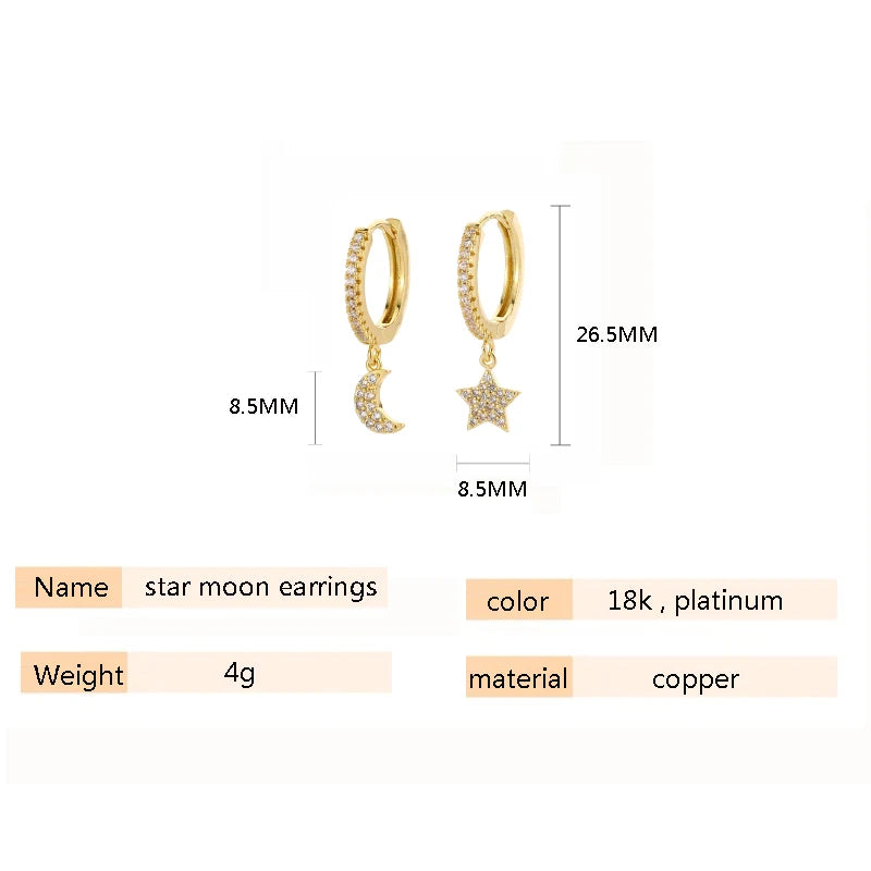 SIPENGJEL Fashion Shiny Zircon Huggie Hoop Earrings Classic Geometric Moon And Star Pendant Hoop Earrings For Women Jewelry Gift LUXLIFE BRANDS