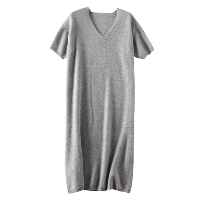 European and American trend V-neck high-grade cashmere sweater women's short-sleeved wild loose long knitted jumper wool dress - LUXLIFE BRANDS