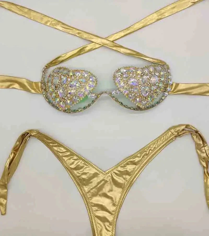 The Venus Vacation Deep-V Bikini – Luxe Rhinestone Embellished Showgirl Swim Set