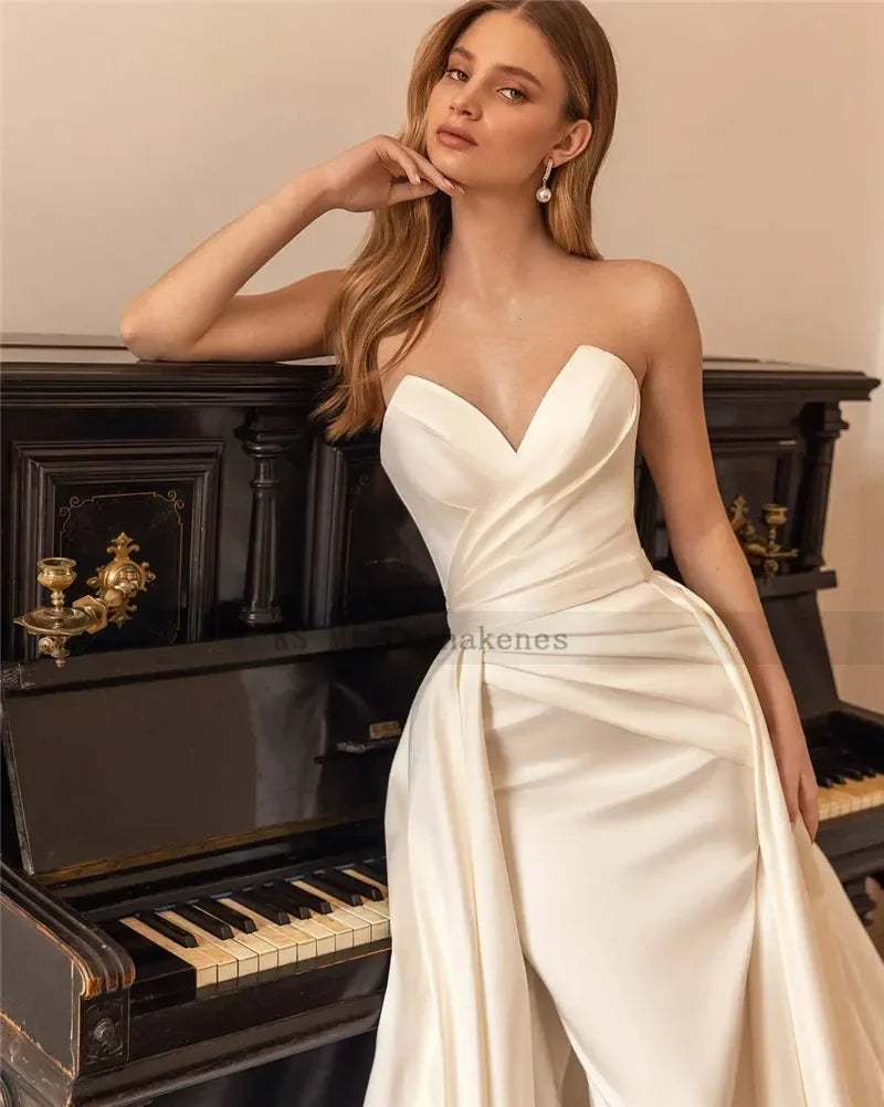 Ivory Satin Detachable Train Mermaid Gown LUXLIFE BRANDS