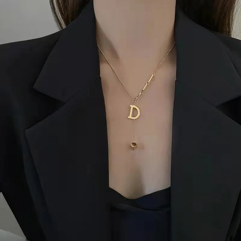 316L Stainless Steel Fashion Fine Jewelry Elegant Noble letter D Sexy Cube Tassel Charms Chain Choker Necklace Pendant For Women LUXLIFE BRANDS