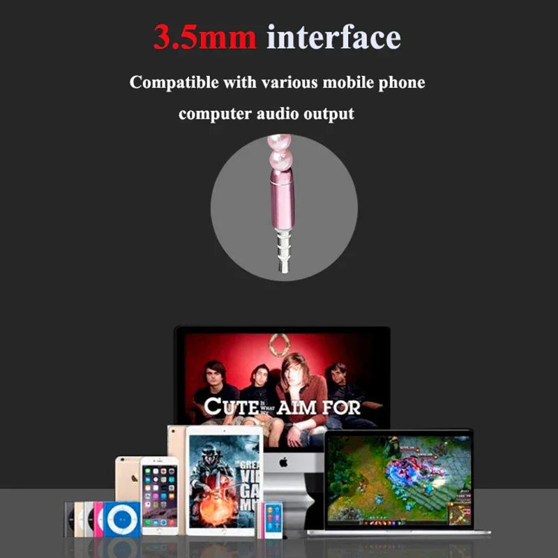 VAORLO 3.5mm Pearl Necklace Earphone Pink Rhinestone Jewelry In-Ear Headphone With Mic For Samsung Xiaomi Girl Birthday Gift