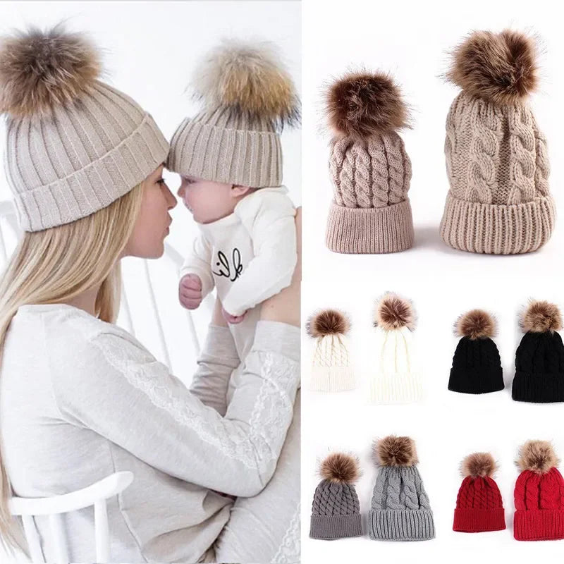 Winter Knit Mother & Child Beanie Pom Hat LUXLIFE BRANDS