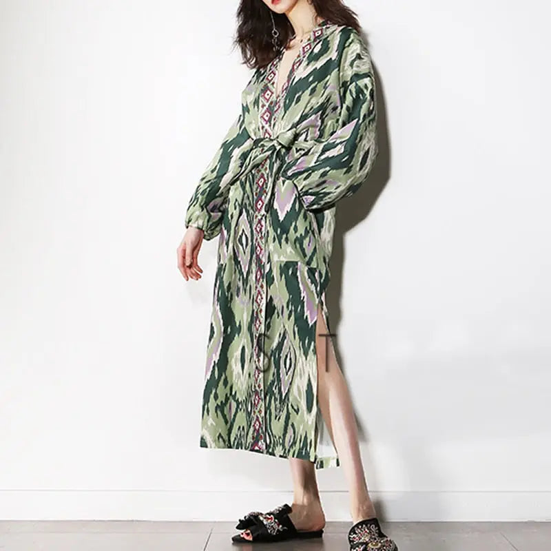 TEELYNN Long Sleeve Kimono Robe Women Blouses shirt Vintage Green Floral Print Bikini Cover Up Boho Beach Vestidos Summer Kaftan