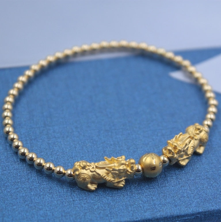 999 24K Yellow Gold Bracelet Real Gold Chain Lucky Pixiu and silver 3mm Beads For Women Girl Best Gift