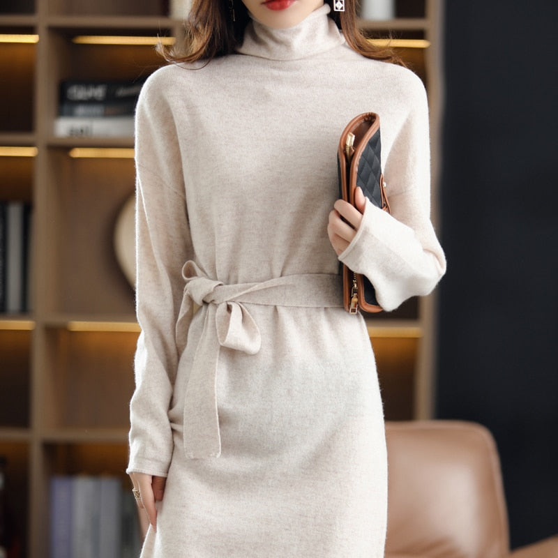 23 The new pullover 100% wool ladies dress solid color long-sleeved knitted fashion slim long high-neck cashmere dress sweater