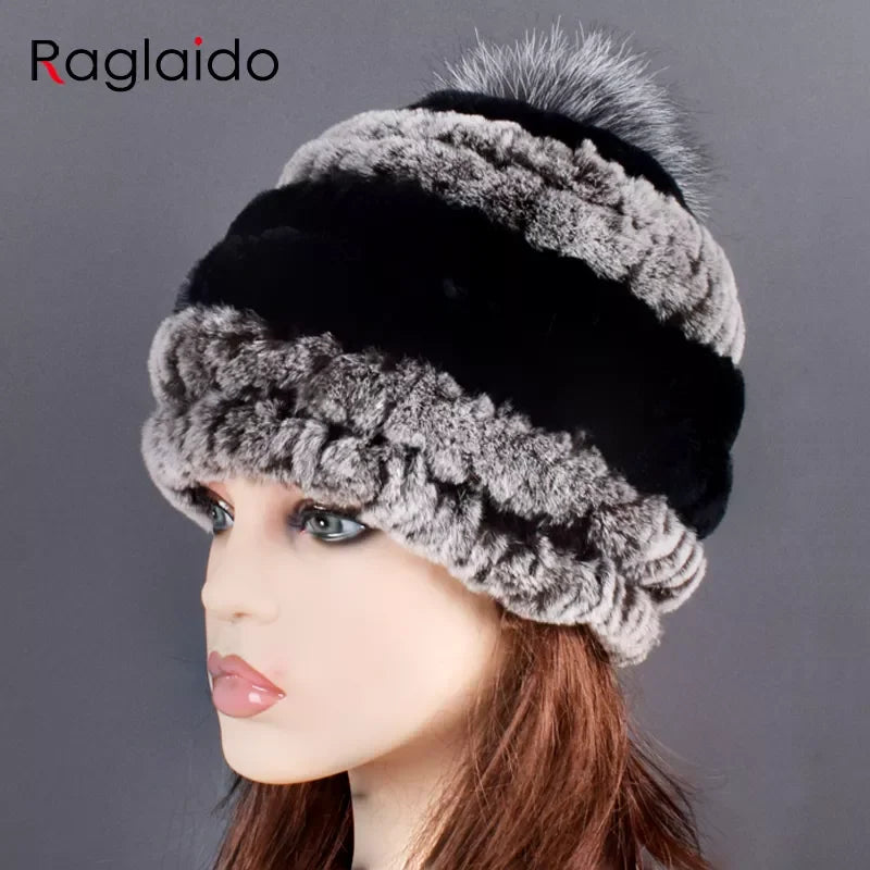 rex rabbit fur hat cap women's winter pompom caps warm natural fur knitted elastic black gray fox ball female bomber hats girsl LUXLIFE BRANDS