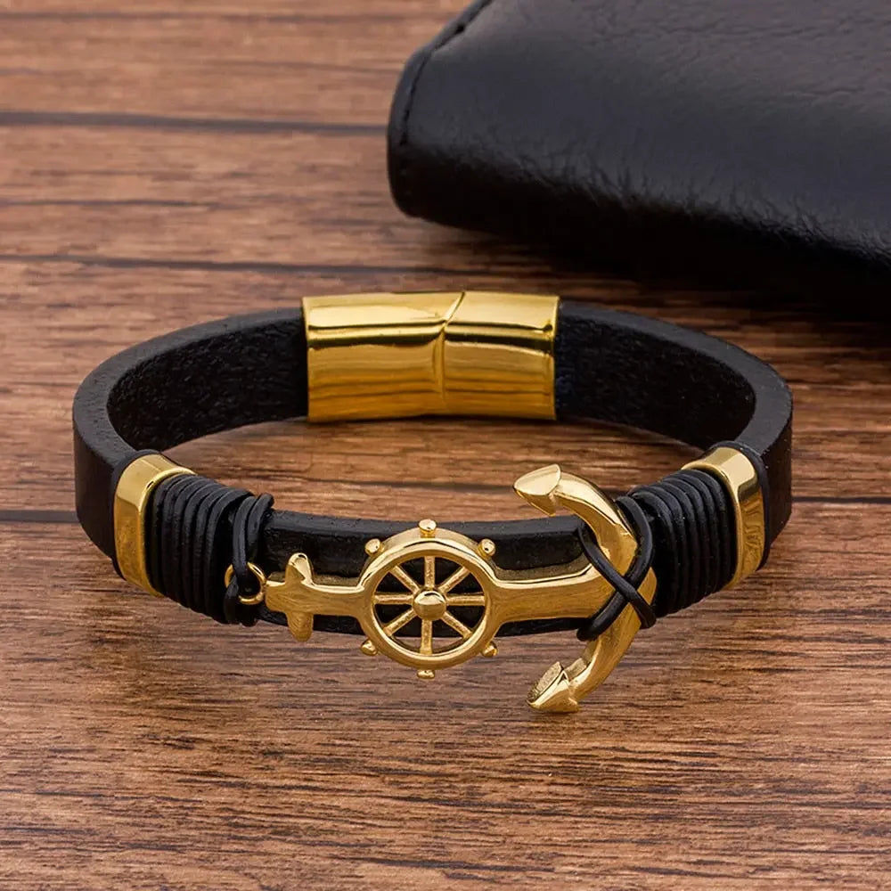 TYO Trendy Charm Woven Stainless Steel Magnet Rope Leather Anchor Bracelets Men Black Bangle Luxury Rock Hip Hop Jewelry