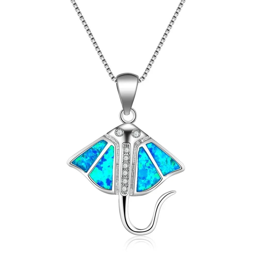 Boho Fashion Sea Animal Dolphin Pendant Necklace for Women Girl Inlay Imitation Blue Opal Necklace Wedding Party Jewelry