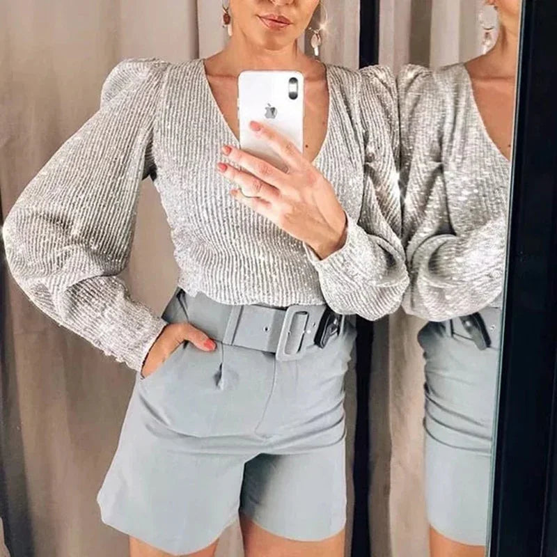 Elegant Women Sequined Tops 2021 Spring Fashion Ladies Vintage Silver Top Party Female Sexy V-Neck Tops Femme Girls Chic Clothes LUXLIFE BRANDS