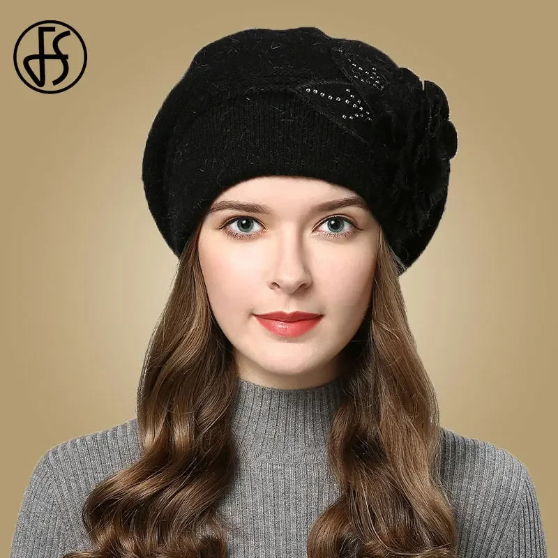 FS Women Berets Knitted Wool Hats Winter Flowers Warm Female Cap Girls Beanies Rabbit Fur Hat Gorros Bonnet Femme Hiver 2020 LUXLIFE BRANDS