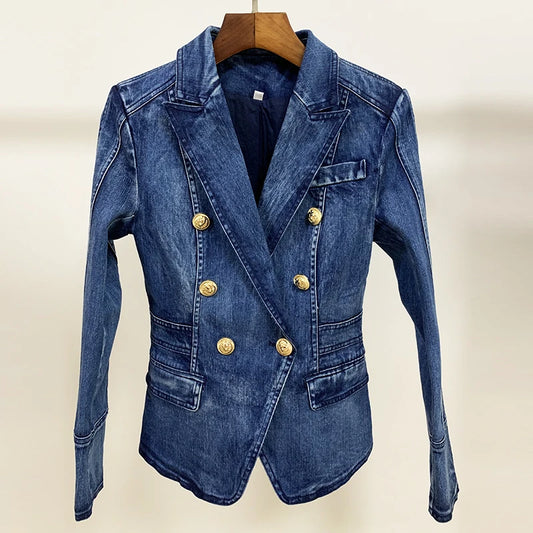 HIGH STREET New Fashion 2024 Designer Blazer Jacket Women's Metal Lion Buttons Double Breasted Denim Blazer Outer Coat