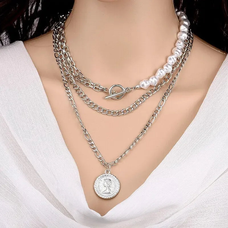 Vintage Multi Layered Gold Color Portrait Chain Chokers Necklace for Women Fashion Coin Thick Chain Pendant Necklace Jewelry