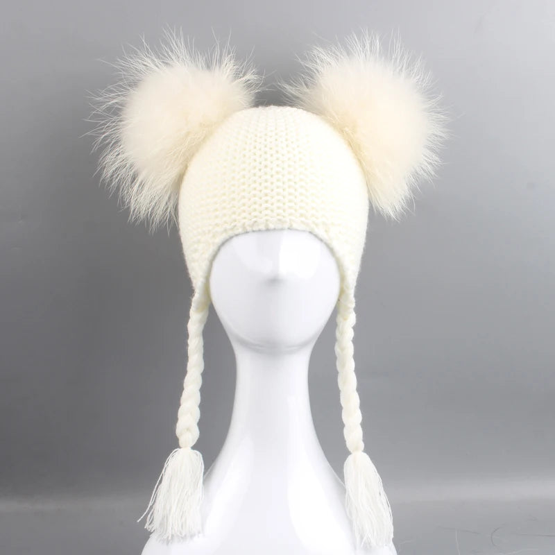 New Autumn Winter Baby Kids Beanie 15 CM Real Fur Pompom Hat For Children Warm Wool Knitted Earflap Cap LUXLIFE BRANDS
