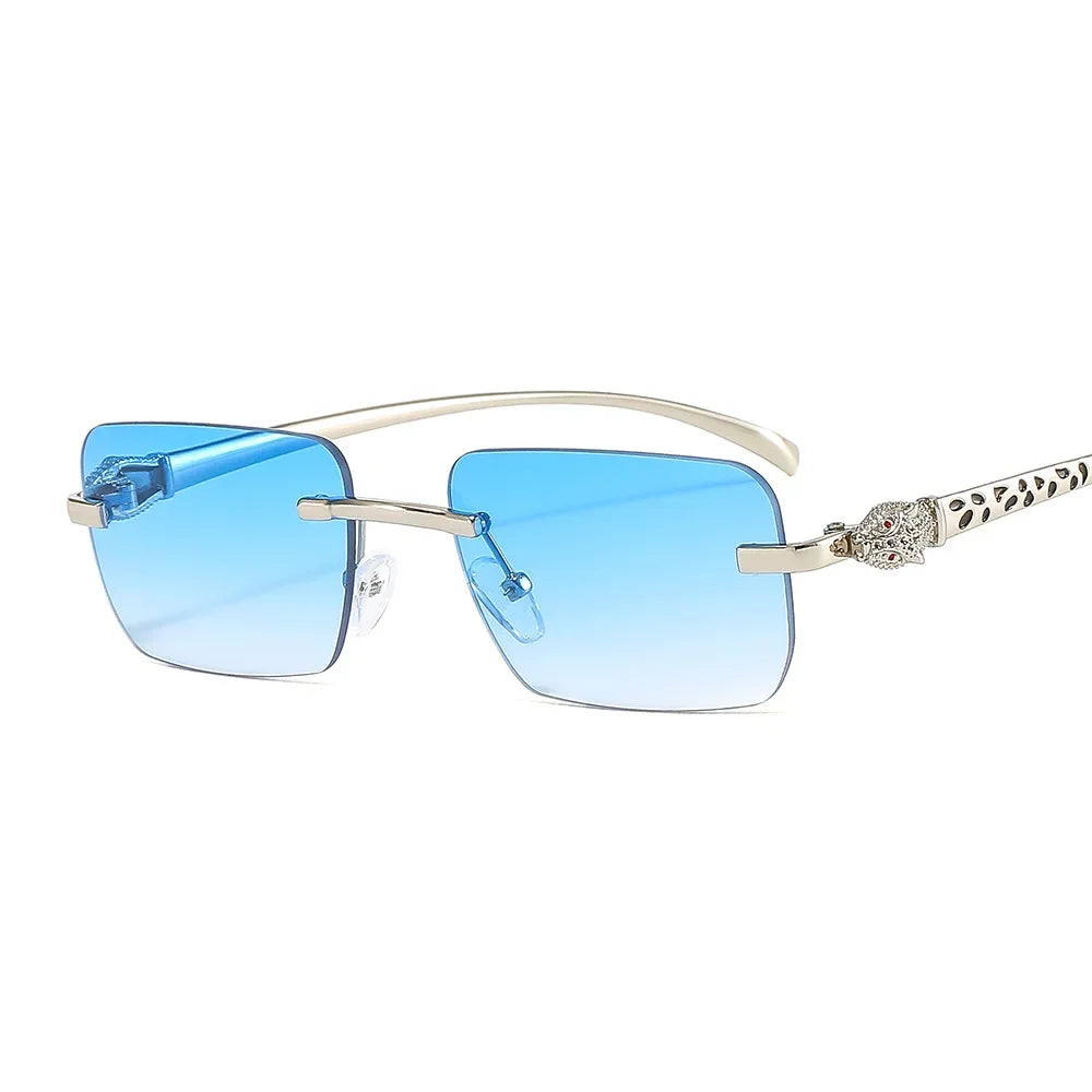 Vintage Fashion Rimless Small Square Sunglasses Women Men Luxury Brand Designer Travel Driving Metal Leopard Head Sun Glasses Luxlife Brands