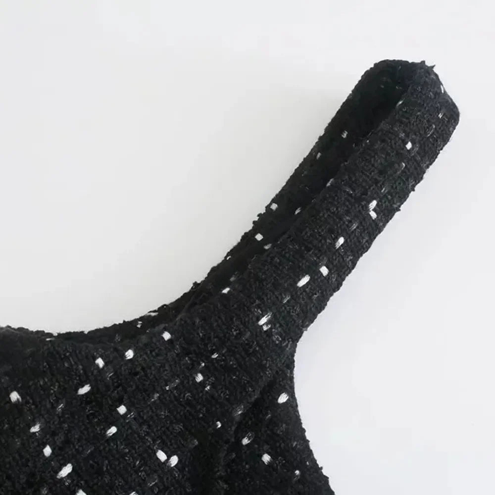 XEASY 2021 New Women Vintage Tweed Black Plaid Hollow Out Dress Female Casual Pearl Decoration Slim Square Collar Mini Dresses LUXLIFE BRANDS