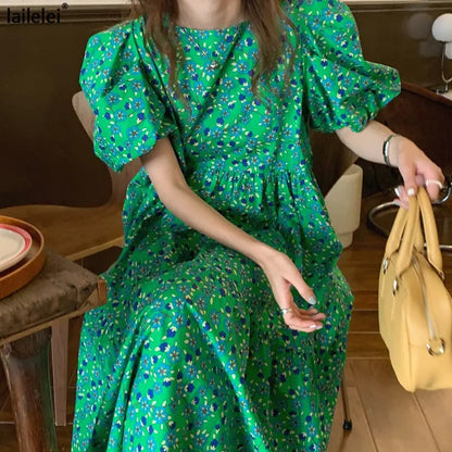 Floral Puff Sleeve Dress Plus Size Women A-Line Green Maxi Dresses Harajuku Korean Purple Vestidos Mujer Verano 2022 Frau Kleid
