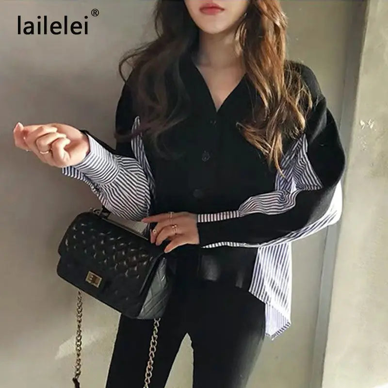 Female Patchwork Sweater Button Cardigan Laine Lovely Jumper V Neck Black Grey Sweaters Casual Women Autumn Knitting Stripe Tops - LUXLIFE BRANDS