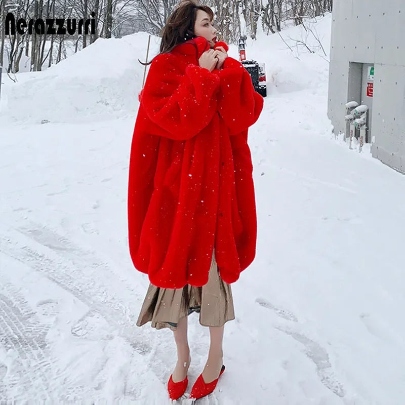 Nerazzurri Oversized Red Thick Warm Soft Fluffy Faux Fur Coat Women 2022 Raglan Seeve Stylish Thick Long Fur Coats for Winter LUXLIFE BRANDS