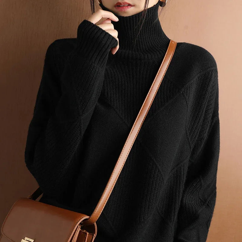 Cashmere sweater women turtleneck sweater pure color knitted turtleneck pullover 100% pure wool loose large size sweater women LUXLIFE BRANDS