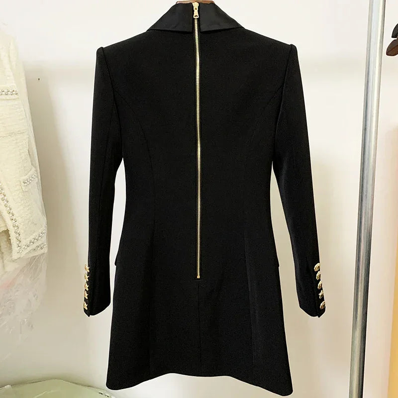 Designer Satin Notched Collar Blazer Dress With Metal Buttons Luxlife Brands