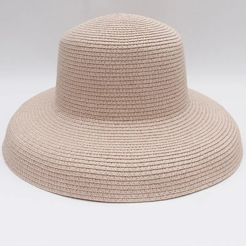 HT2303 2023 New Summer Sun Hats Ladies Solid Plain Elegant Wide Brim Hat Female Round Top Panama Floppy Straw Beach Hat Women