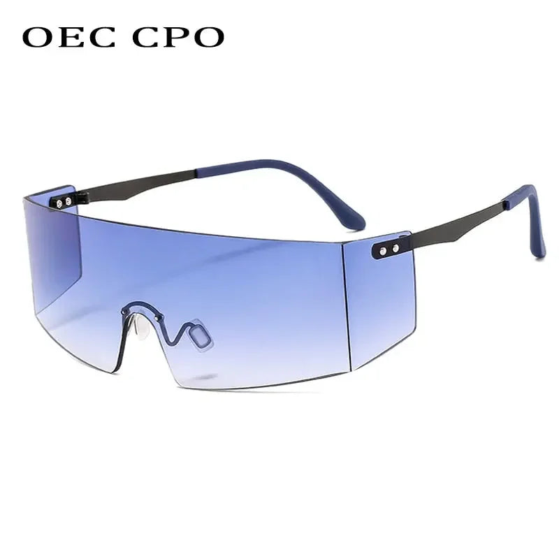 OEC CPO Fashion Rimless Sunglasses Women Men Big Flat Top Glasses Oversized Sunglasses Female Mirror Goggle UV400 O596