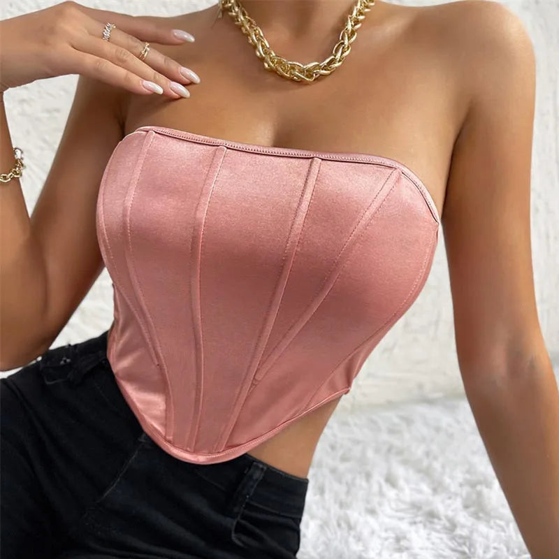 2022 Women Spring Summer Solid Strapless Tube T-shirts Backless Camis Tees Bodycon Slim Fit Sexy Tank Crop Tops For Women Female