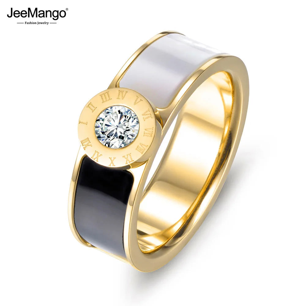 JeeMango Fashion Stainless Steel Fine Jewelry Cubic Zirconia Shell Roman Alphabet Bridal Wedding Rings For Women Jewelry JR17033 Luxlife Brands