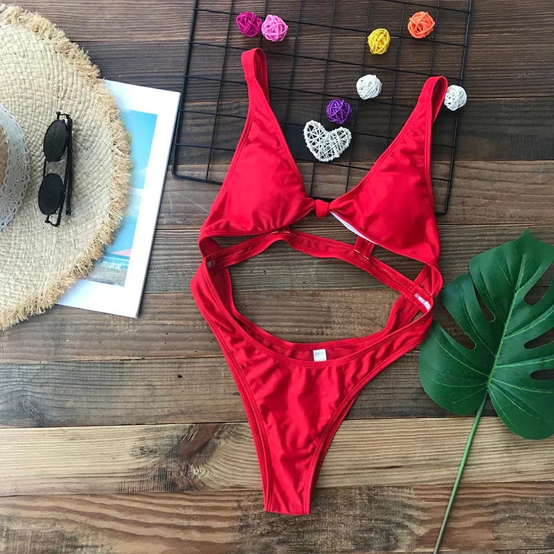 Sexy Cut Out One Piece Swimsuit Women Swimwear Thong Bathing Suit Black Red Green Swimming Beachwear Monokini
