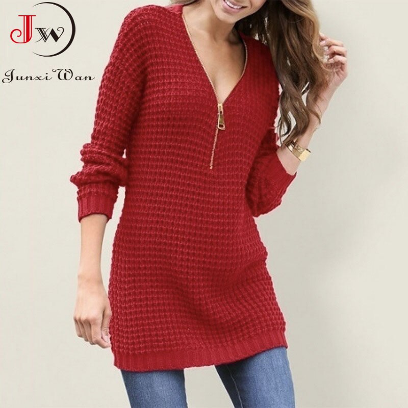 Women Long Sweater V Neck Zipper Dress Warm Autumn Winter Clothes Knitwear 3XL Pullover Jumper