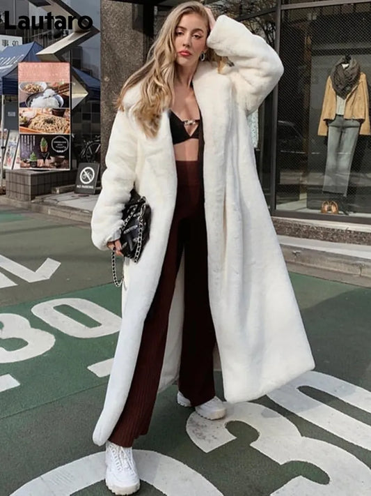 Lautaro Winter Long White Fluffy Warm Oversized Faux Fur Coat Women with Hood Lapel Sashes Loose Korean Fashion 2021 Outerwear LUXLIFE BRANDS