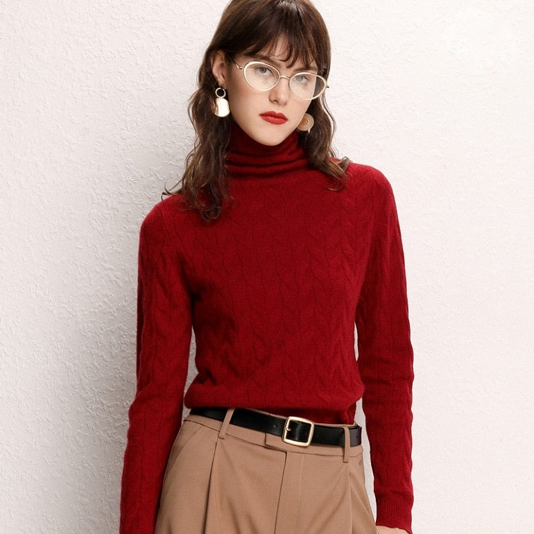 New Cashmere Wool Women Sweater and Pullovers Women Fashion Turtleneck Solid Color Long Sleeve Knitted Hemp Flowers Warm Sweater