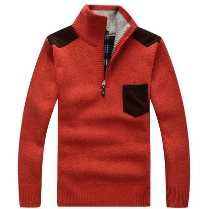 New Winter Mens Pullover Knitted Sweater Male Wool Fleece Thick Casual Pullover Patchwork Warm Pocket Sweater Standing Collar