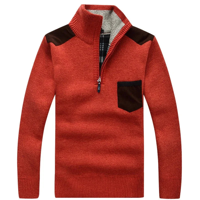 New Winter Mens Pullover Knitted Sweater Male Wool Fleece Thick Casual Pullover Patchwork Warm Pocket Sweater Standing Collar LUXLIFE BRANDS
