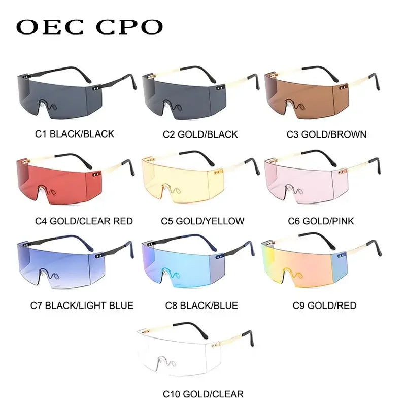 OEC CPO Fashion Rimless Sunglasses Women Men Big Flat Top Glasses Oversized Sunglasses Female Mirror Goggle UV400 O596