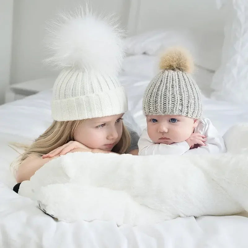 Winter Knit Mother & Child Beanie Pom Hat LUXLIFE BRANDS