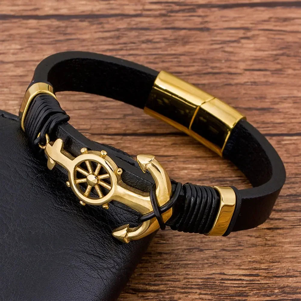 TYO Trendy Charm Woven Stainless Steel Magnet Rope Leather Anchor Bracelets Men Black Bangle Luxury Rock Hip Hop Jewelry