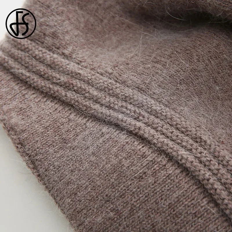 FS Women Berets Knitted Wool Hats Winter Flowers Warm Female Cap Girls Beanies Rabbit Fur Hat Gorros Bonnet Femme Hiver 2020 LUXLIFE BRANDS