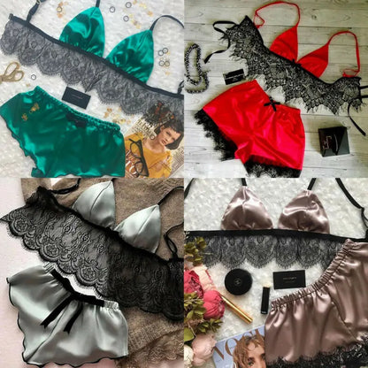 Women's Underwear Sexy Silk Satin Lingerie Pajamas Crop Tops Bralette&Panty Sets Soft Wear for Girls Tops Briefs Lace Suit LUXLIFE BRANDS