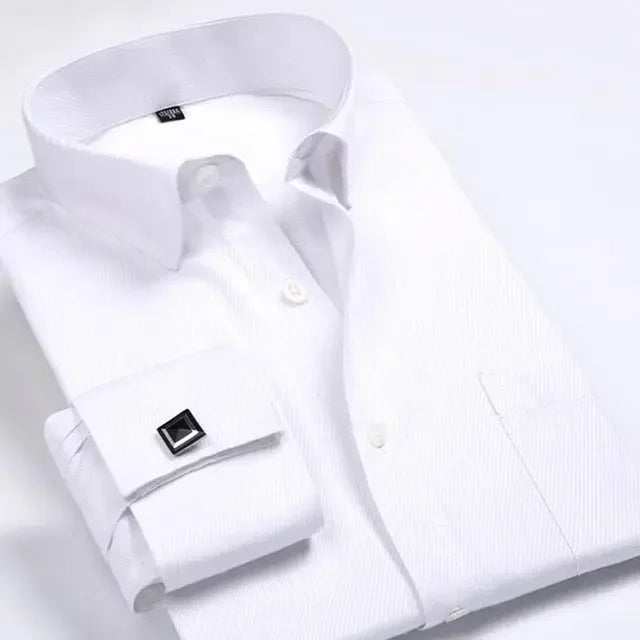 Men&#39;s Classic French Cuffs Striped Dress Shirt Single Patch Pocket Standard-fit Long Sleeve Wedding Shirts Cufflink Included