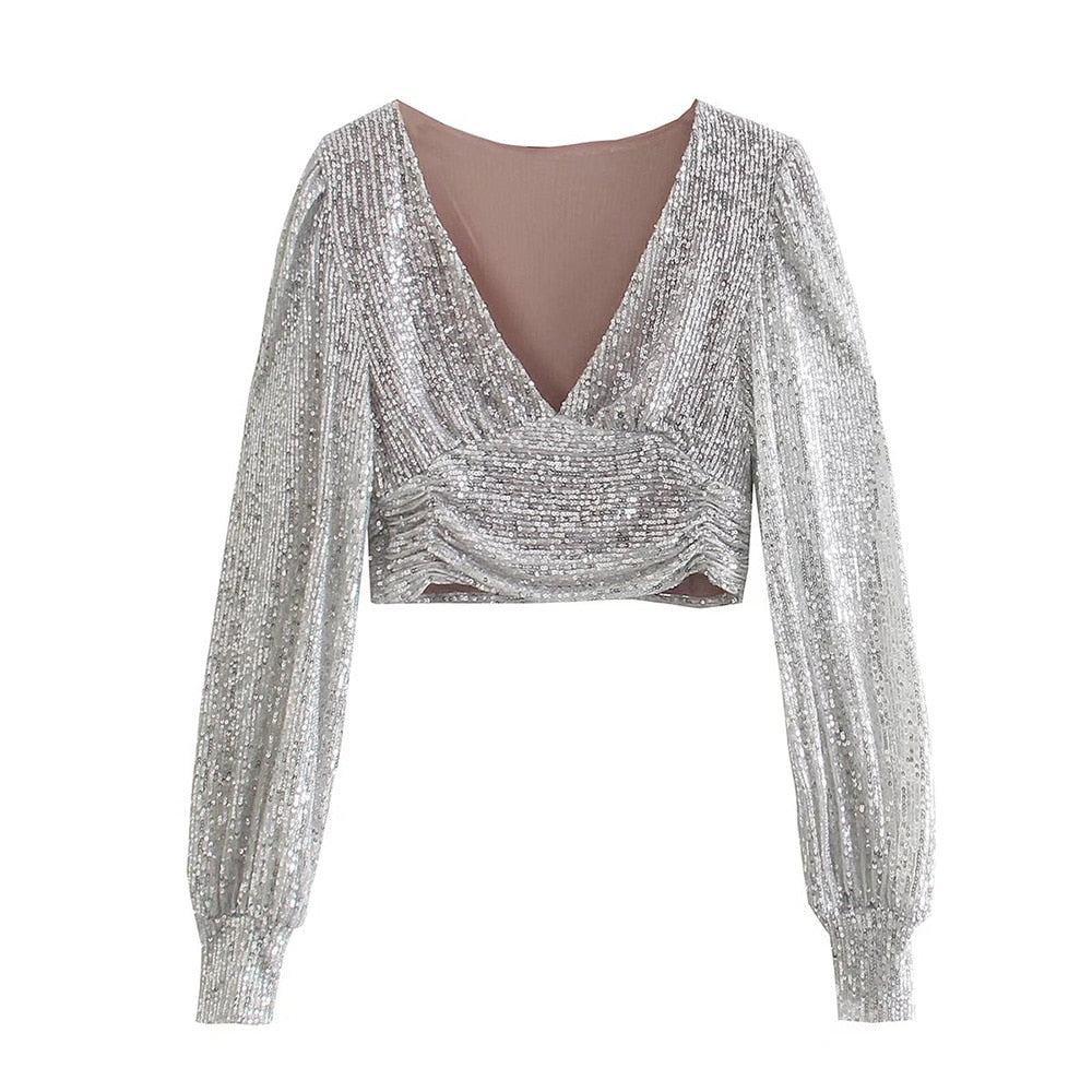 Elegant Women Sequined Tops 2021 Spring Fashion Ladies Vintage Silver Top Party Female Sexy V-Neck Tops Femme Girls Chic Clothes