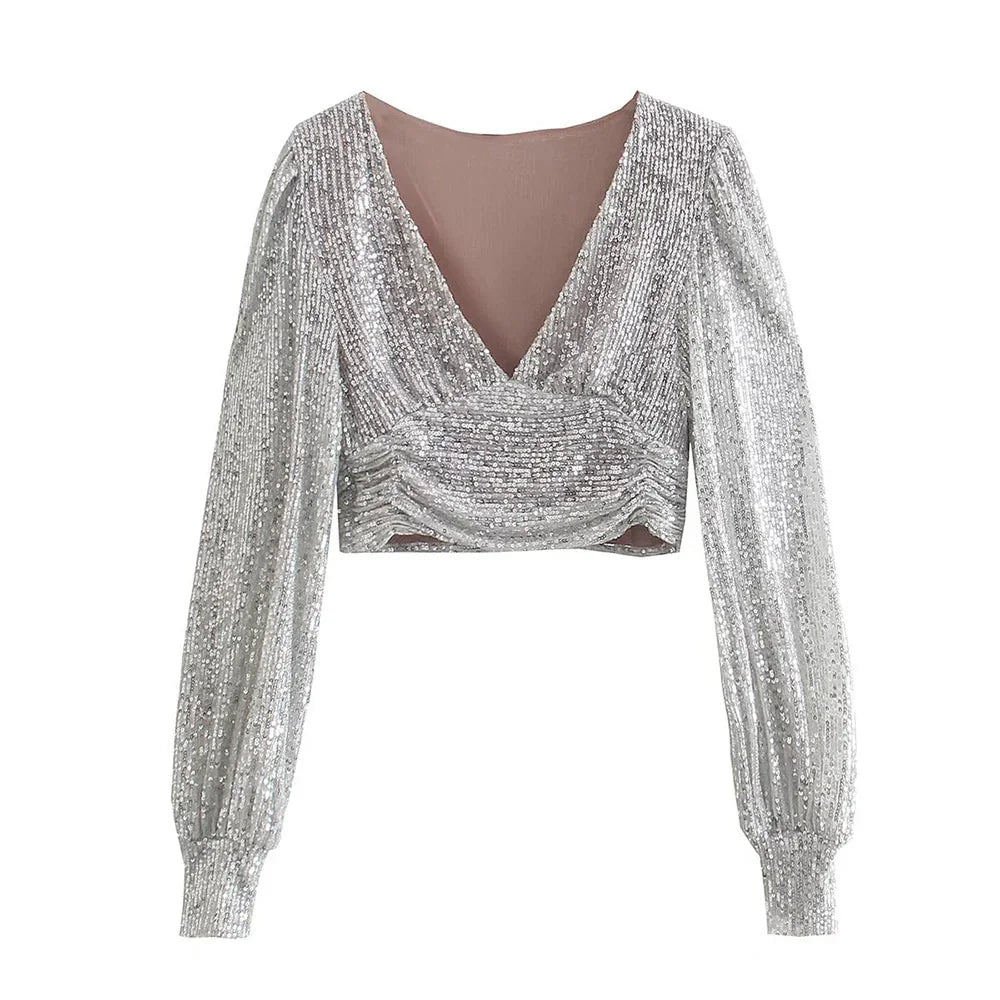 Elegant Women Sequined Tops 2021 Spring Fashion Ladies Vintage Silver Top Party Female Sexy V-Neck Tops Femme Girls Chic Clothes LUXLIFE BRANDS