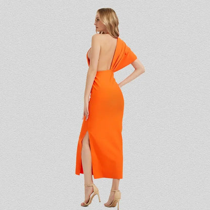 CIEMIILI Draped Backless Women Side Split Evening Club Party Dress 2022 New Sexy V Neck Orange Black Long Bandage Dress Vestidos