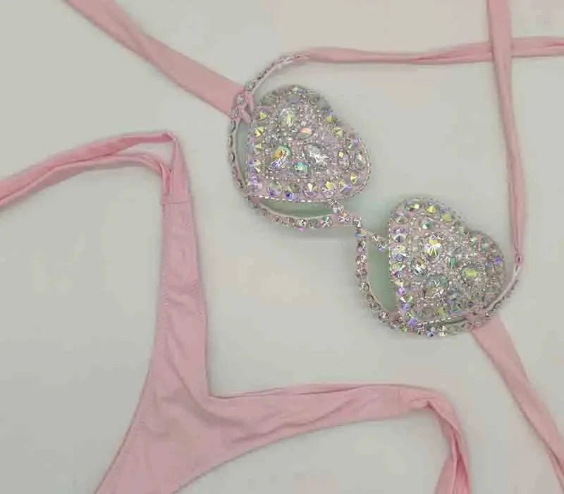 The Venus Vacation Deep-V Bikini – Luxe Rhinestone Embellished Showgirl Swim Set