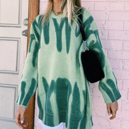 Women Knitted Sweater Vintage Green Striped Print Sweater Oversized Pullovers Winter Streetwear Long Sweaters Tie Dye Outerwear